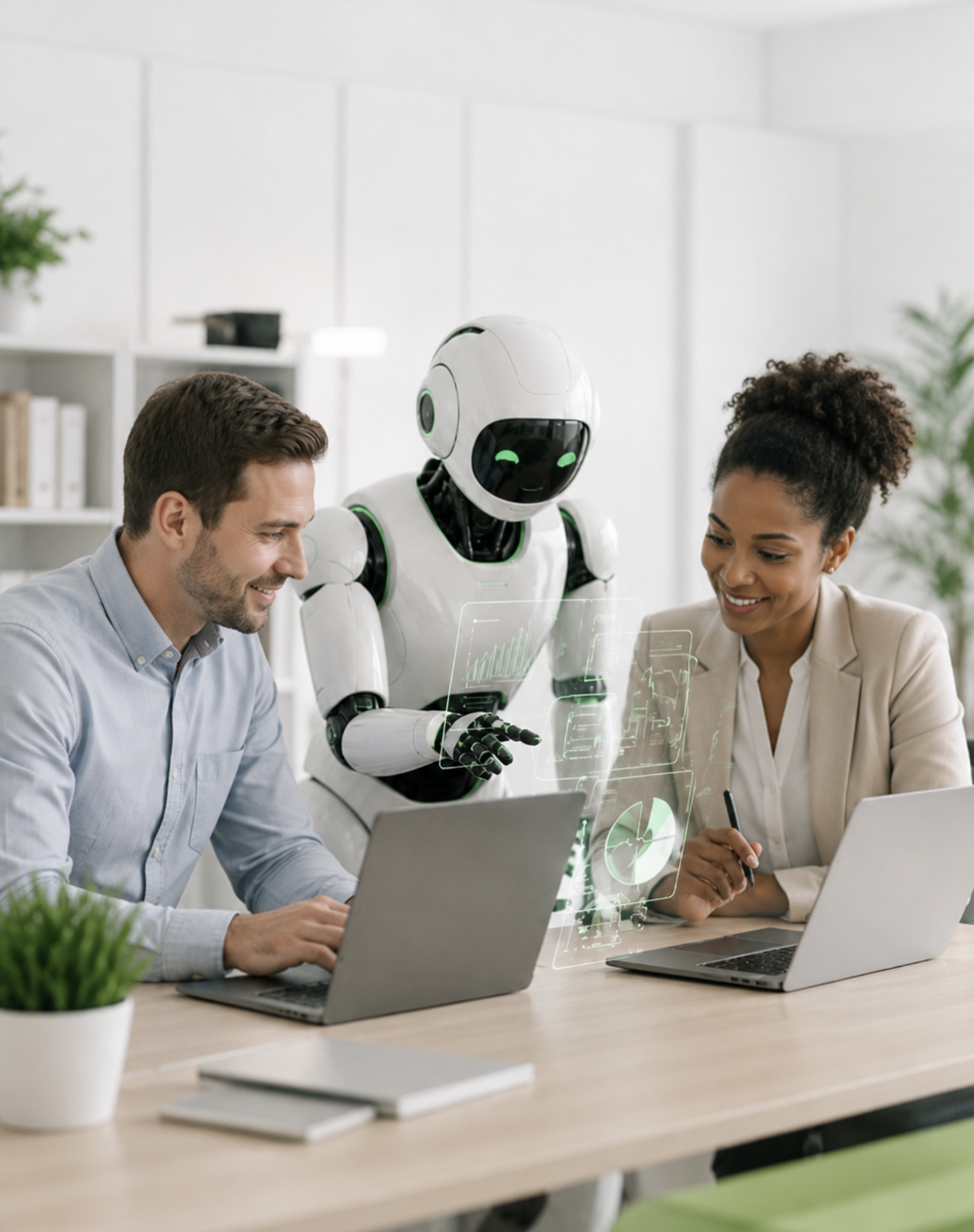 Equipo trabajando con un robot de automatización en una oficina